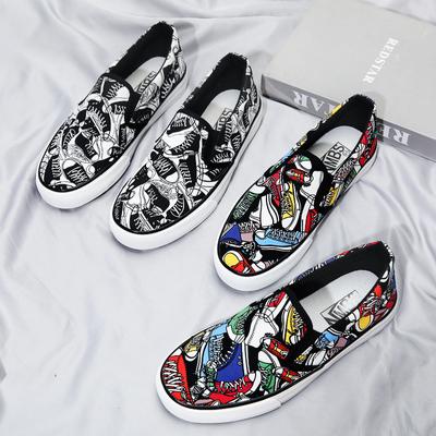 Spring Shoes for Men Canvas Casual Shoes Trend Print Flat Skateboard Shoes Youth Slip-on Sneakers