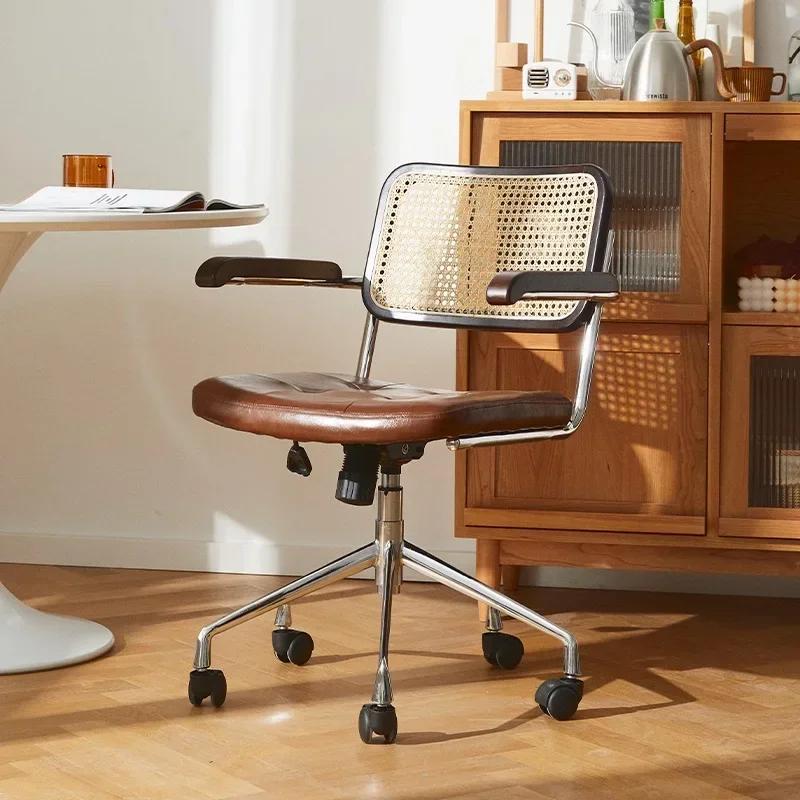 New Rattan Computer Chair Retro Swivel Chair Comfortable Desk Breathable Armrest Rattan Chair Office Furniture