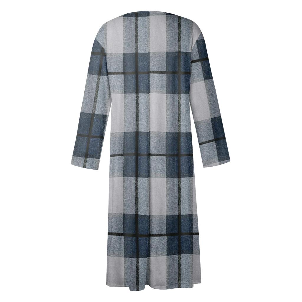 Women's Casual Round Neck Plaid Print Midi Dress Long Sleeve Pocket Dress