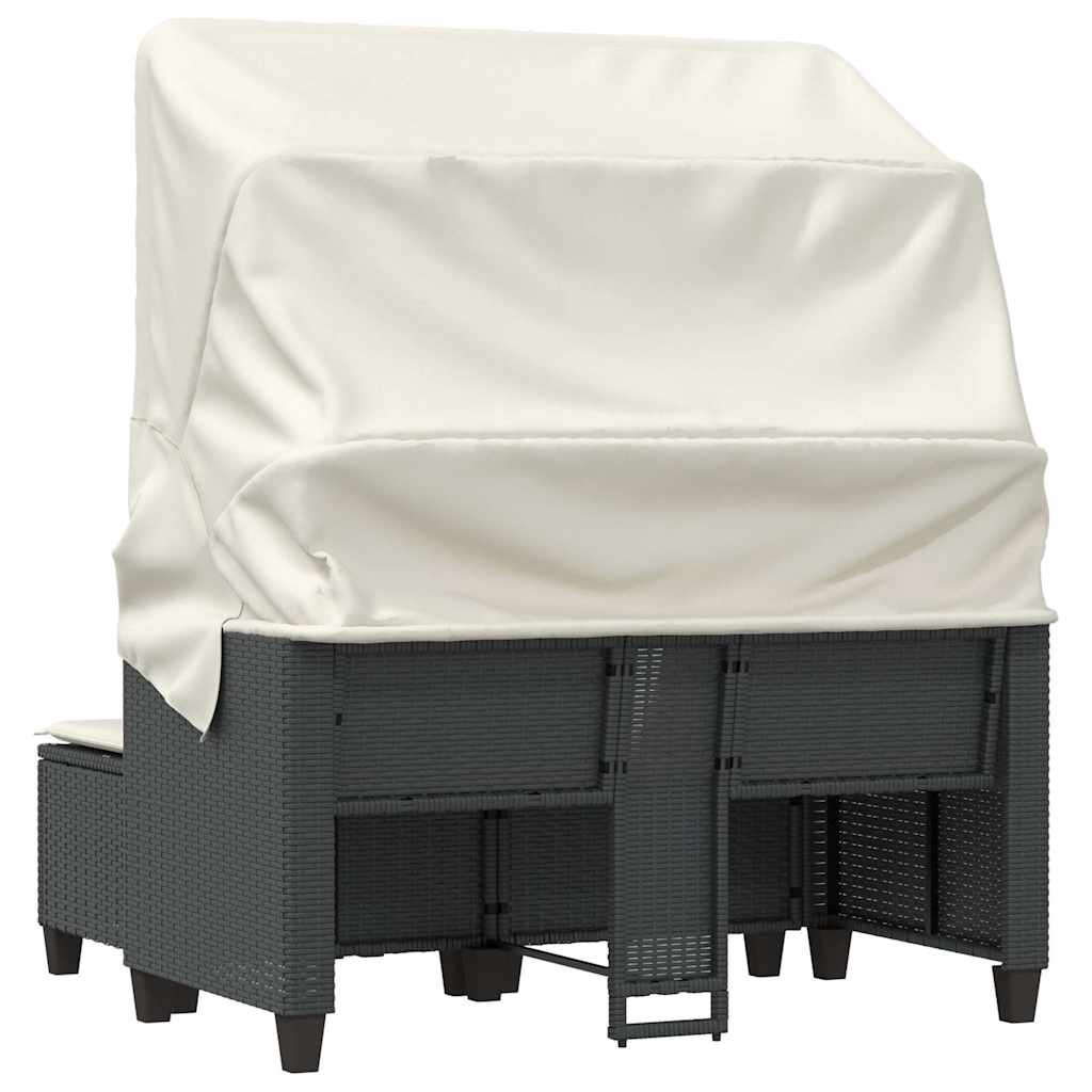 2 Seater Garden Sofa with Canopy and Footstools Black Poly Rattan