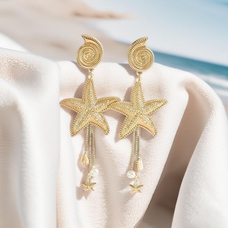 

Trend Personality Versatile Starfish Conch Fringed Earrings Summer Ocean Wind Leisure Vacation Women s Earrings золотий жовтий колір
