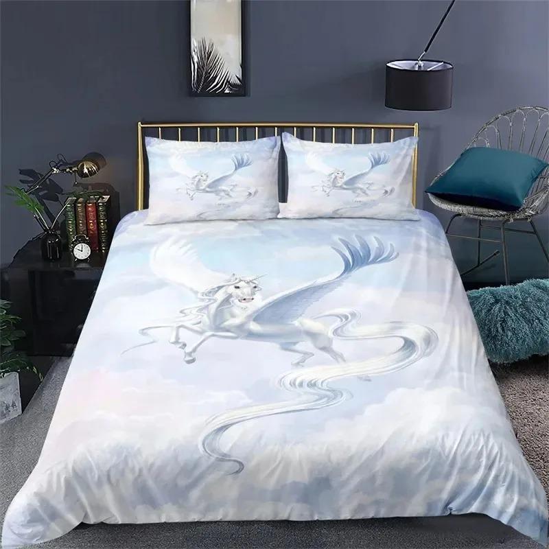 White Dragon Horse Duvet Cover 3D Unicorn Bedding Set For Teens Boys Microfiber Western Cowboy Comforter Cover With Pillowcases