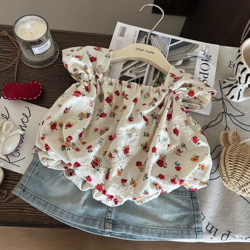 Korean Style Girls' Floral Top & Denim Skort Two-Piece Set - Summer 2025
