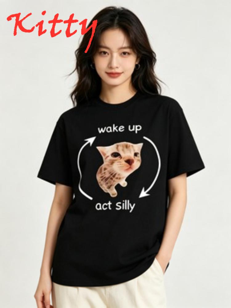 Wake Up Act Silly Meme Graphic Unisexs Tshirt Funny Cute Cat Print Short Sleeve Tshirt Unisex Unisex Casual Ttop Unisexs Clothing