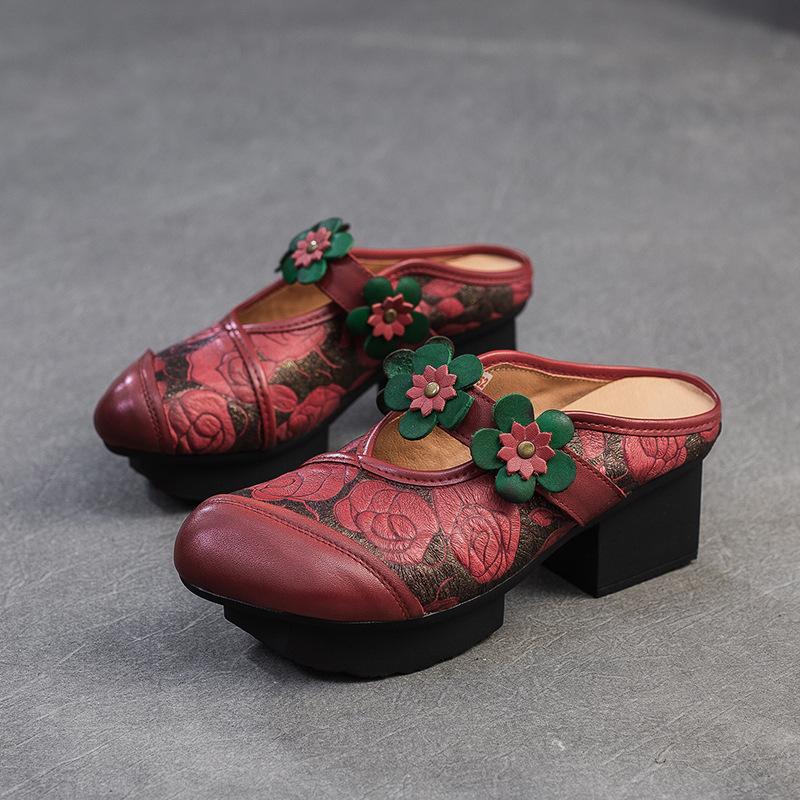 Johnature Etnische Stijl Dikke Hak Ronde Neus Buitenslippers Retro Bedrukt Echt Leer Dames Schoenen