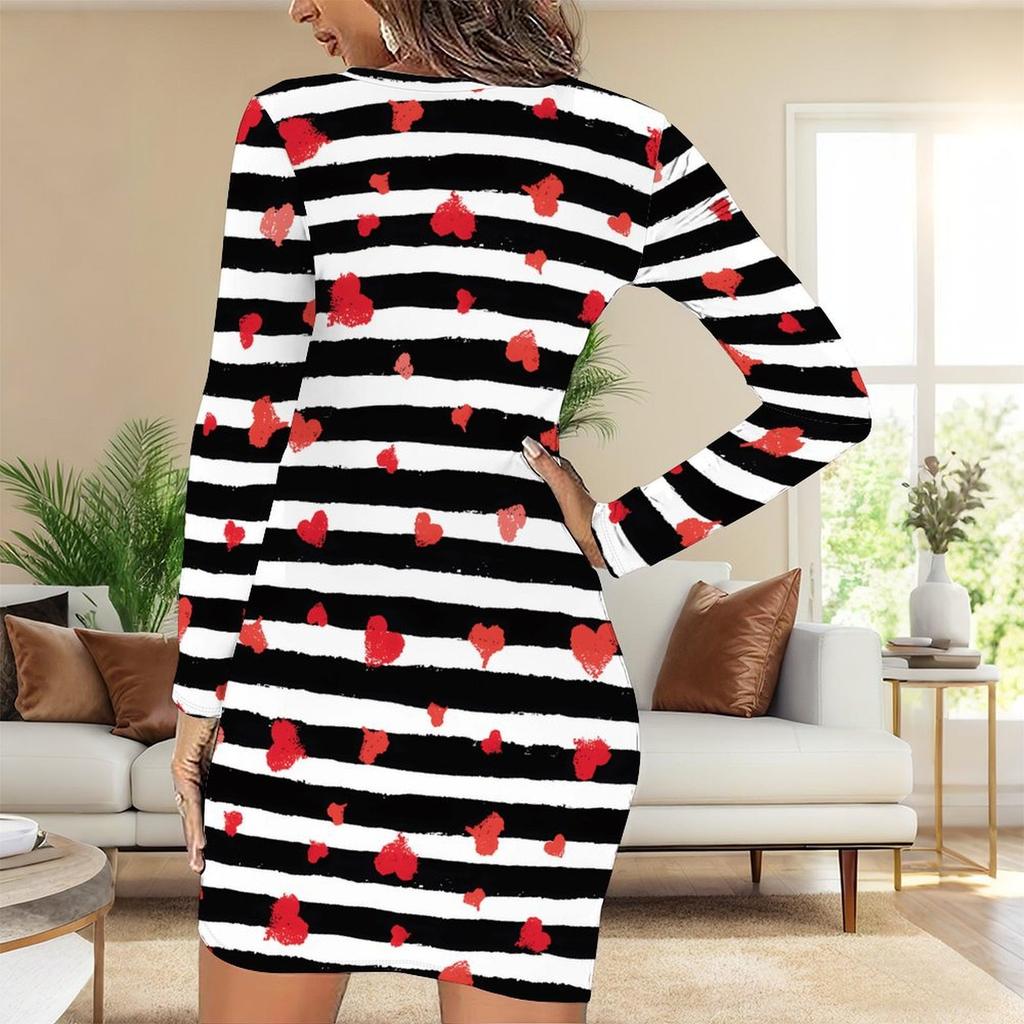 Nova Moda Feminina Outono e Inverno 2025 Vestido Longo de Manga Comprida com Gola Redonda e Estampa e Tingimento com Padrão de Amor 3D Edição Limitada Dia dos Namorados