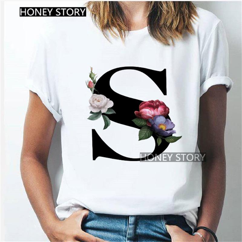 Kawaii English Alphabet Flowers Graphics Female T-Shirt 90S Summer Loose Short Sleeve Round Neck Female Tops Clothing