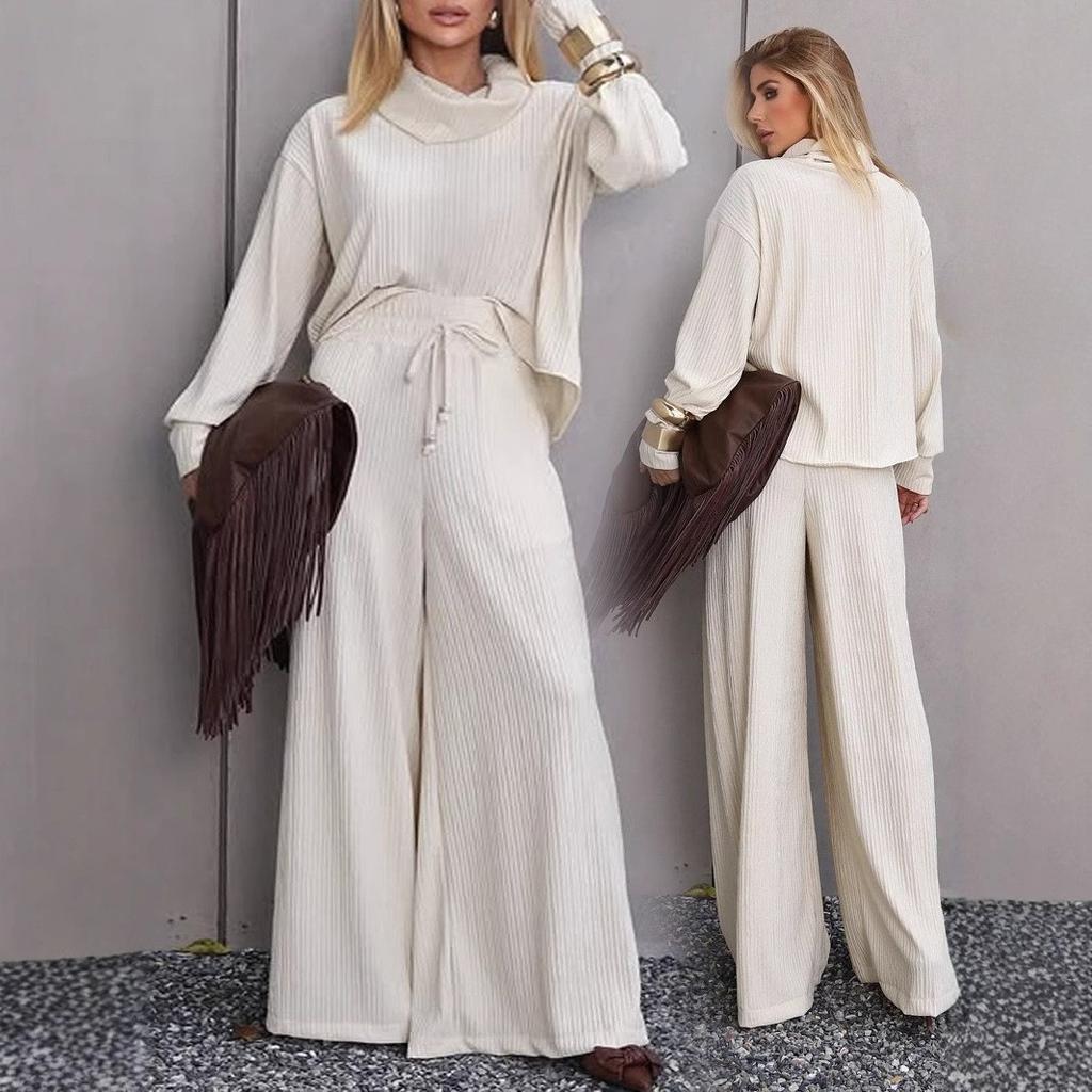 New women's elegant temperament stacked collar long-sleeved top wide-leg pants set