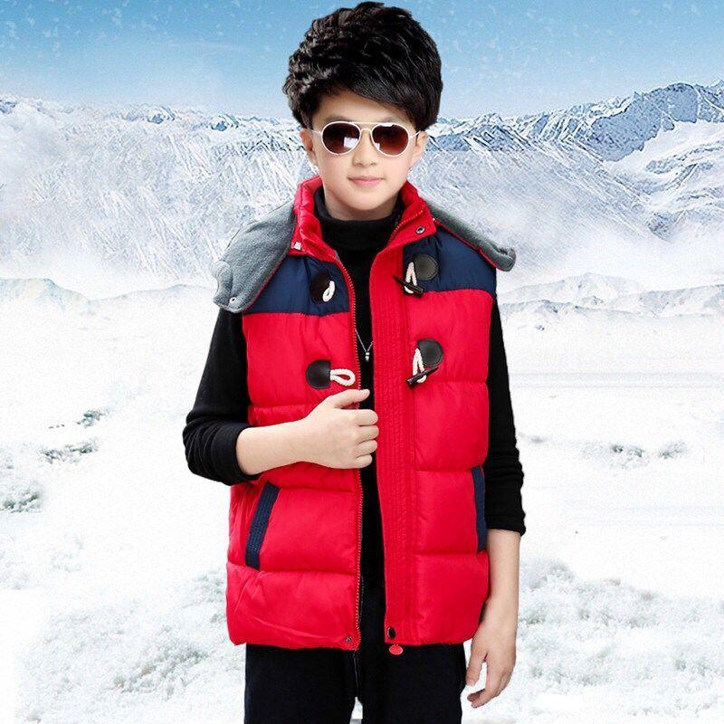 Zimní Teplé Dospívající Zesílené Svrchní Oblečení Barevné Patchworkové Mikiny s Kapucí Vesta pro Děti Chlapce Dívky