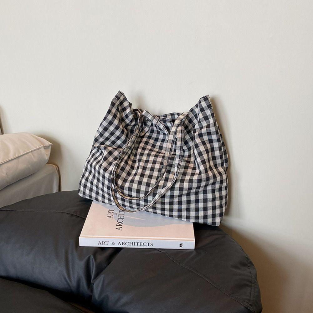 Korean Plaid Shoulder Bag Lightweight Shopping Bag Simple Plaid Tote Bags  for Women
