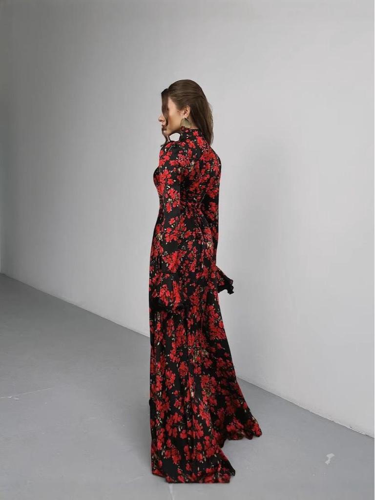Spring Floral Print French Slimming Tie-Up Dress