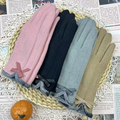 Warme Handschuhe aus deutschem Samt, südkoreanischem Samt, mit Saum, Schleife und Stickerei, Damen-Samthandschuhe zum Reiten, für Outdoor, zum Autofahren, mit Touchscreen