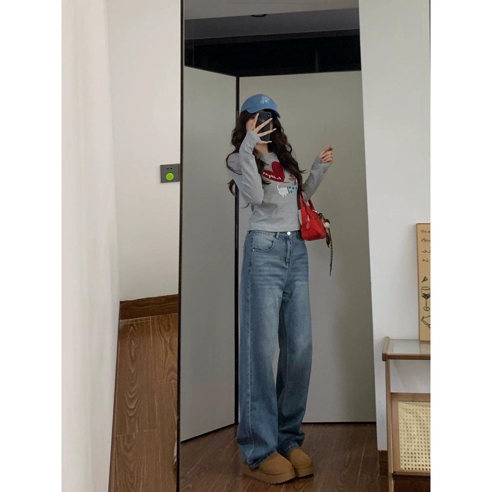 Women's Heart-Shaped Puppy Print Round Neck Long Sleeve T-shirt, Brushed for Spring, Autumn, Winter - Korean Style Fashion Base Layer.