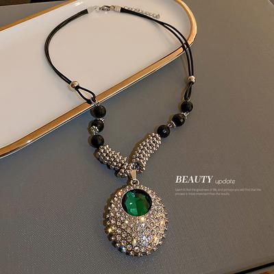 Diamond Embellished Oval Crystal Necklace for Women, Vintage Palace Style Sweater Chain Elegant Luxury Dinner Jewelry