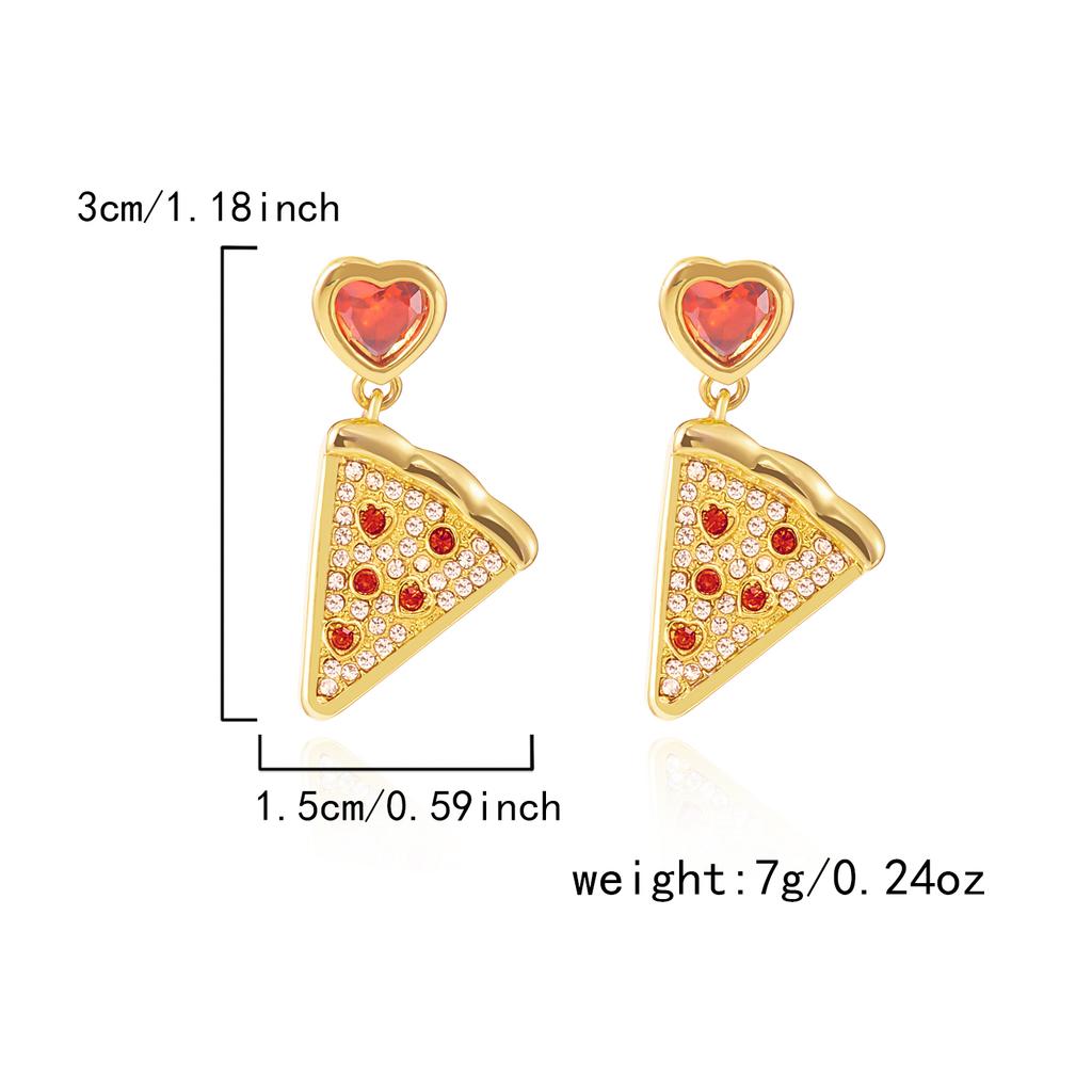Creative Rhinestone Pizza Shaped Drop Earrings for Women Personality Metal Gold Plated Zircon Heart Earrings Daily Wear Jewelry