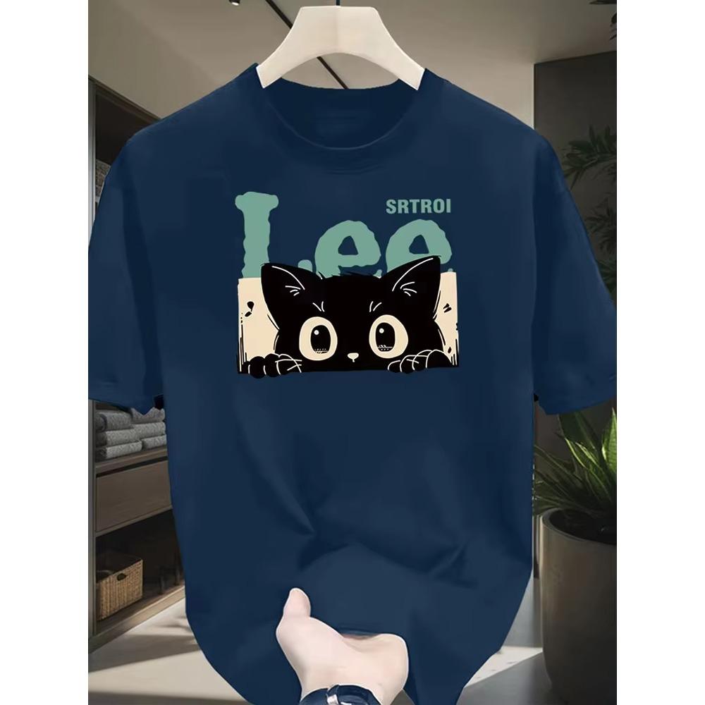 Spring and Summer Cat Print Daily Commuting Sports Men and Women The Same T-shirt Round Neck Cotton Short Sleeves