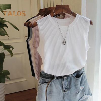 Canotta estiva da donna con scollo a V, senza maniche, vestibilità attillata, tinta unita, in maglia, con fondo sottile, abbigliamento da strada