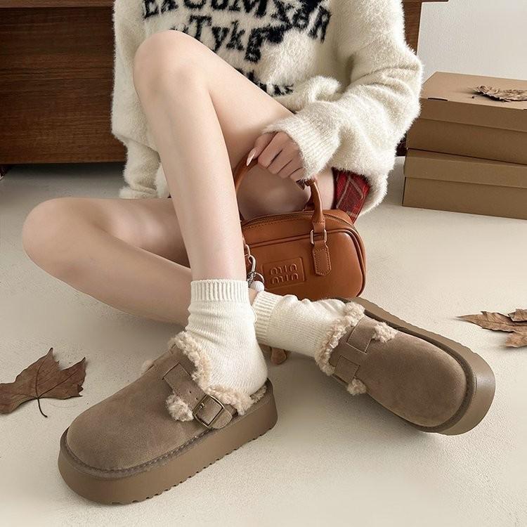 Women's Baotou faux lamb wool plush slippers padded warm winter thick bottom heightening home slippers casual hiking indoor shoes snow cotton slippers