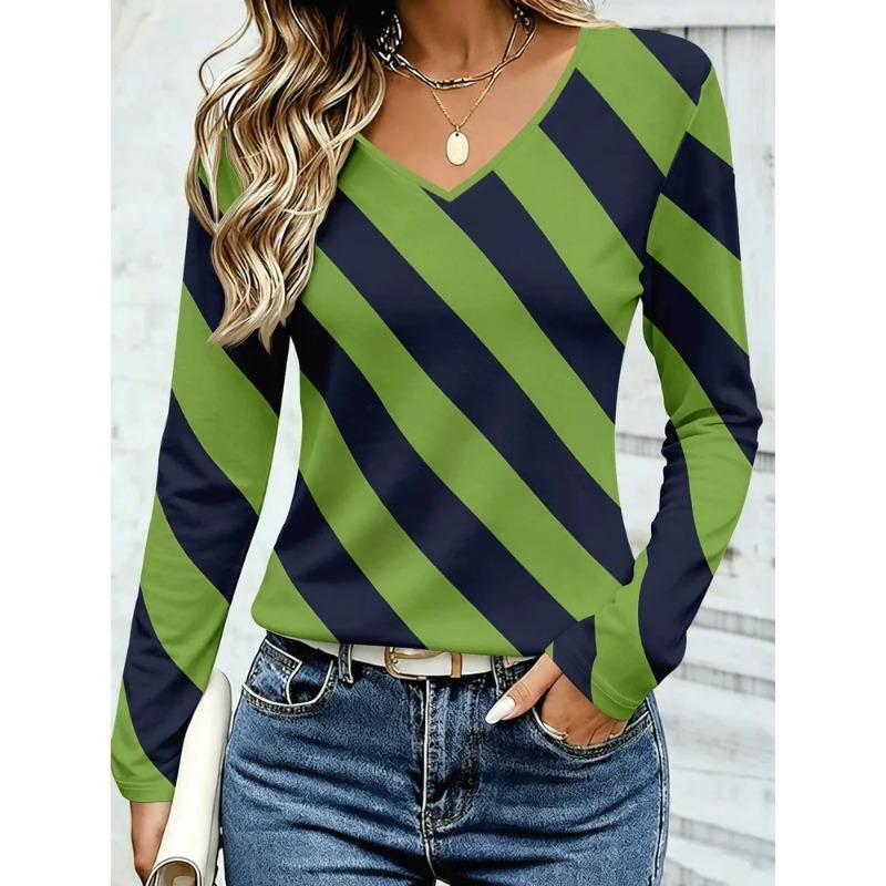 Women's Autumn and Winter 3D Color Striped Printed V-Neck Long Sleeve T-Shirt