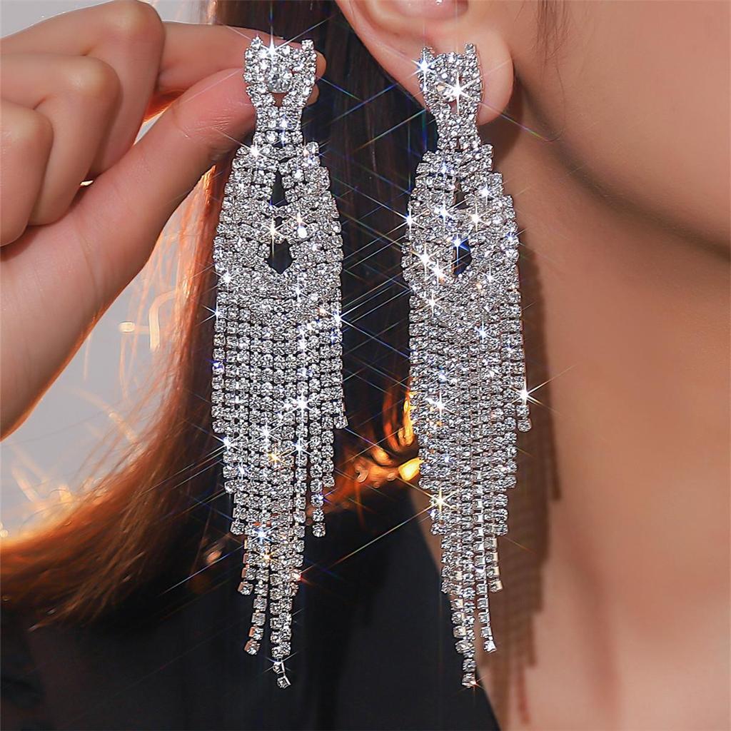 Luxury Rhinestone Tassel Clip-On Earrings for Women - Bridal Accessories
