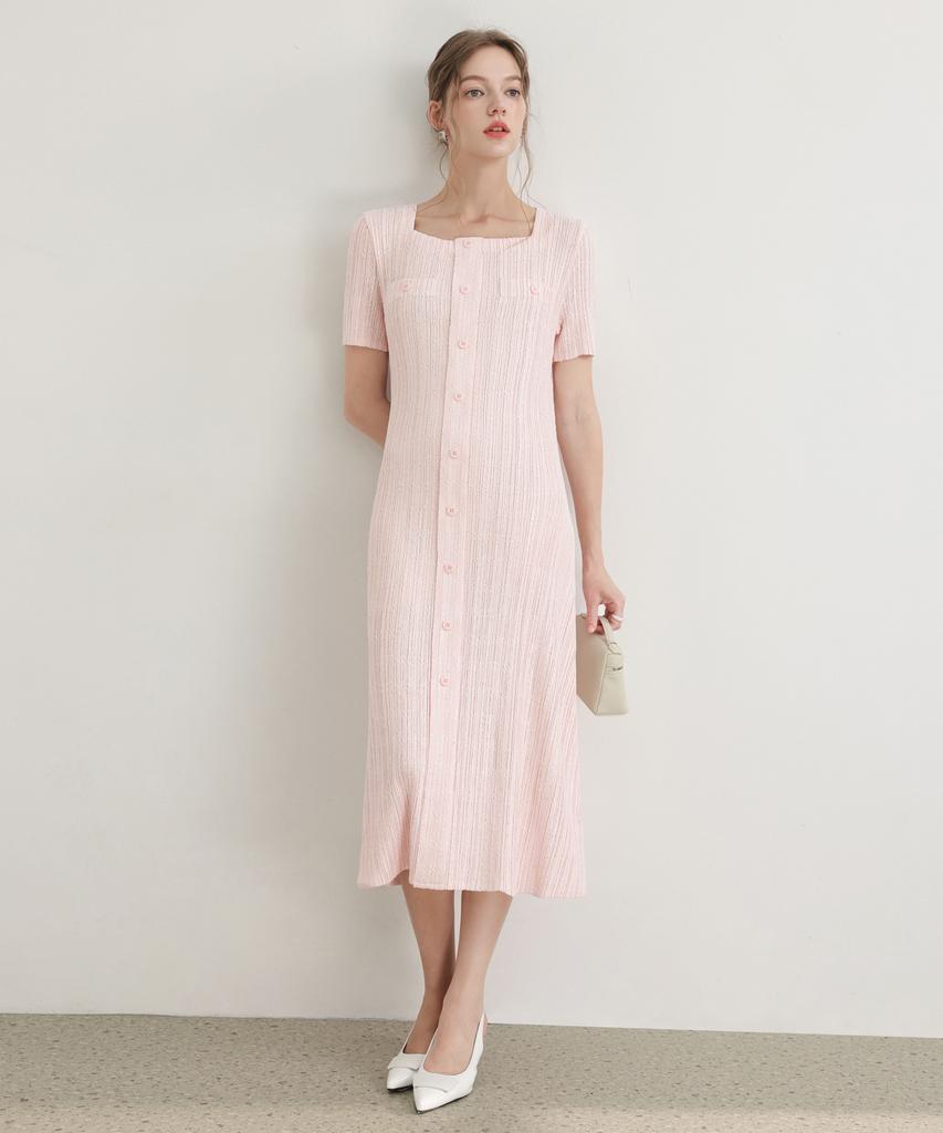 PLEATSMOOD Tweed Pleated Square Neck Dress