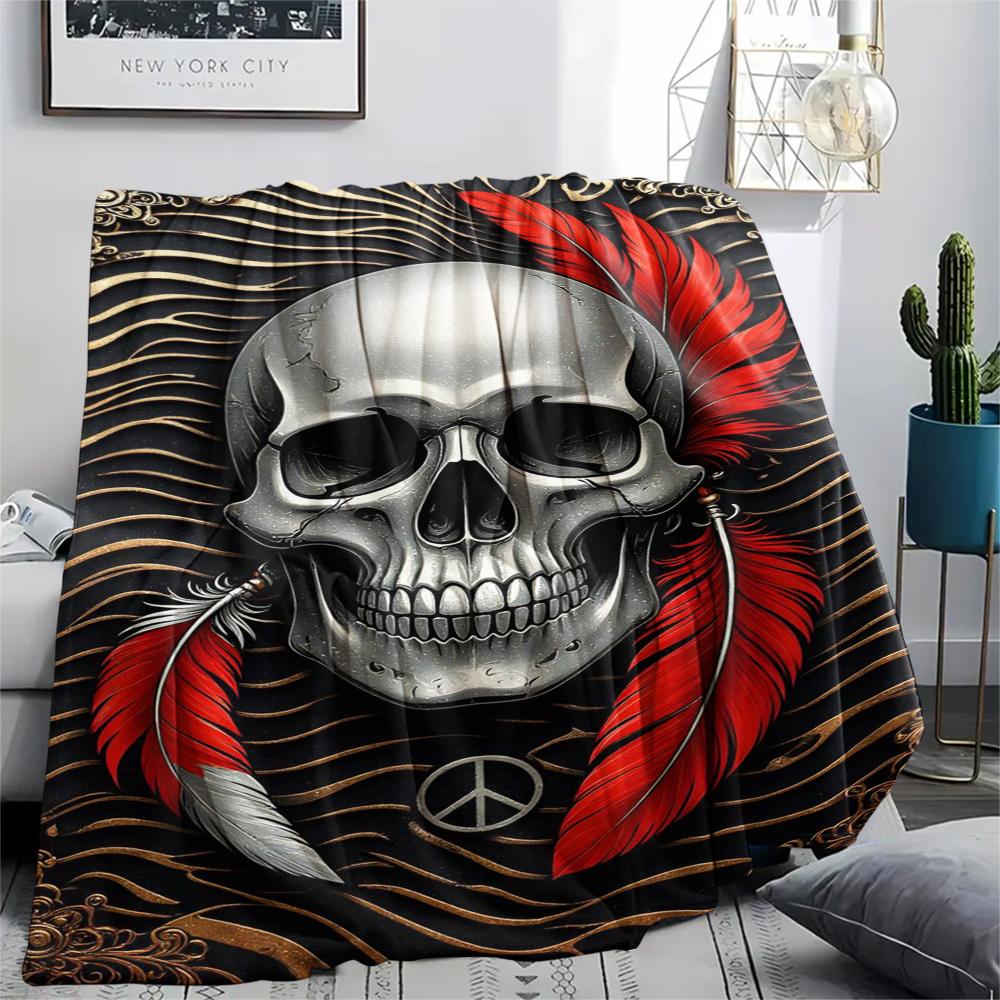1Pc Skull Head Print Flannel Blanket, High Quality Comfortable for All Seasons, Home Decor, Warmth and Comfort, Perfect for Gifts