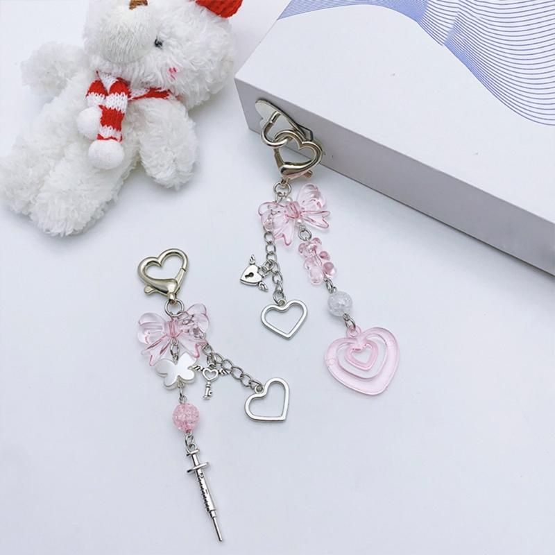 Elegant Bowknot Bead Heart Keyring Pendant Keychain Accessory Charm for Women