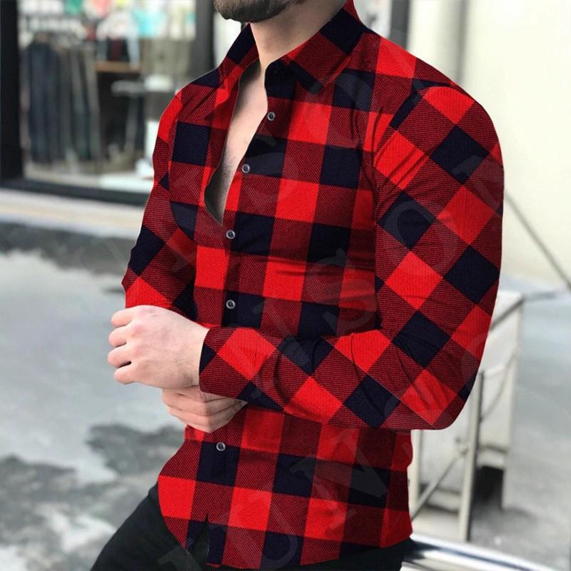 

Повседневная приталенная рубашка с отложным воротником и длинными рукавами в клетку с цифровой печатью для мужчин, повседневная рубашка с длинными рукавами S