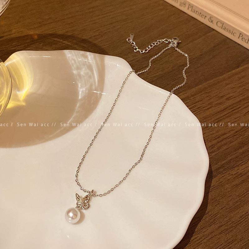 Hollow Butterfly Pearl Pendant Necklace Women s Titanium Steel Clavicle Chain Summer Spice Girl Accessories