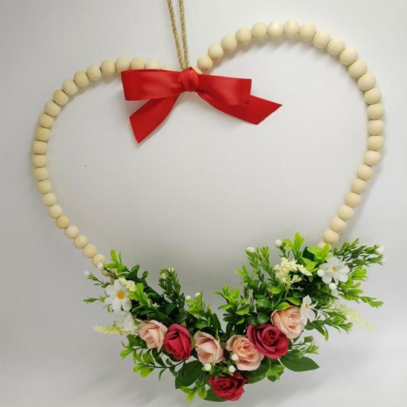 Romance Valentine's Day Heart Shape Wreath with Wood Beads Frame Red Ribbon and Simulated Flower for Festival Home Decors Measuring 36cm Wide 37cm