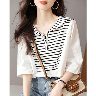 Letnia koszula w paski z granatowym kołnierzykiem w stylu Hongkongu, damska, luźna, imitacja dwuczęściowej, zakrywająca brzuch, z rękawem 3/4, top T-shirt