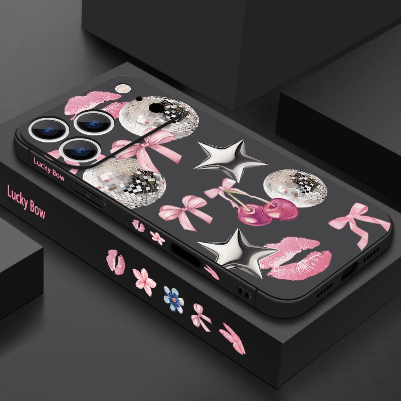 Für iPhone 17 Pro Max Hülle Kirsch-Schleifen Lippen Discokugel Weiches Silikon Lanyard Hülle Für iPhone 16 Pro Max Hülle iPhone 15 14 13 12 11 16E