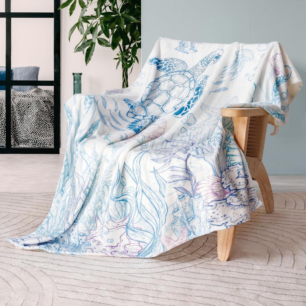 Sea Turtle Throw Blanket Nautical Coastal Throw Blanket Gift for Turtle Lover Throw Blankets Beach Coral Reef Flannel Fleece Thr