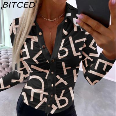 Women's Autumn Long Sleeve Simple Sexy V-Neck Printed Ladies Shirt Blouse