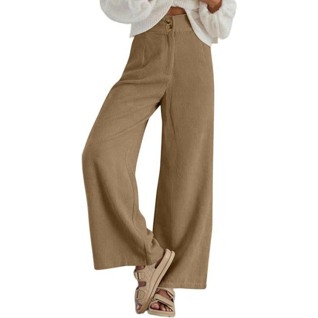 Women's High Rise Double Button Corduroy Wide Leg Pants Micro Stretch Casual Trousers