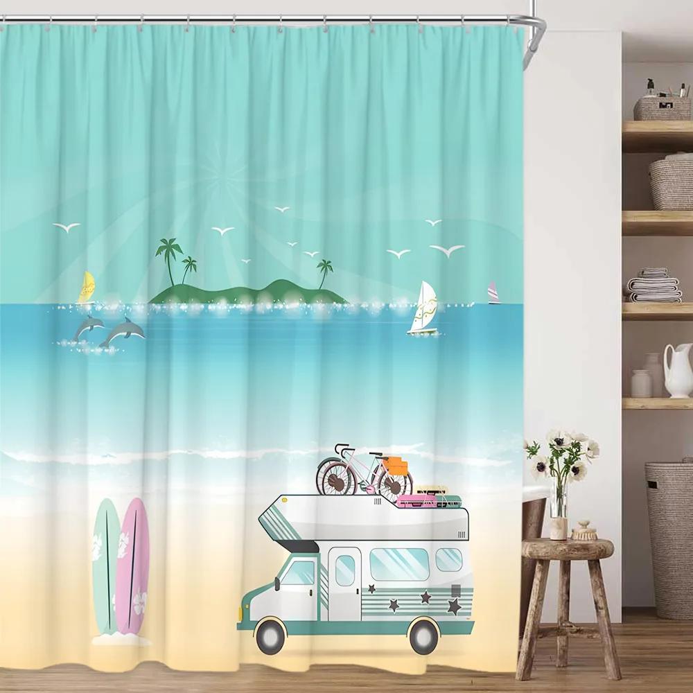 

Travel Camper Shower Curtain RV Summer Ocean Surfboard Camping Palm Tree Rustic Plank Polyester Fabric Bathroom Decor Curtains 90x180cm-35x70in