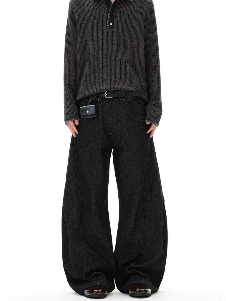 Unisex American Retro 3D Deconstructed Black Denim Scythe Pants - Trendy Loose Straight-Leg Jeans