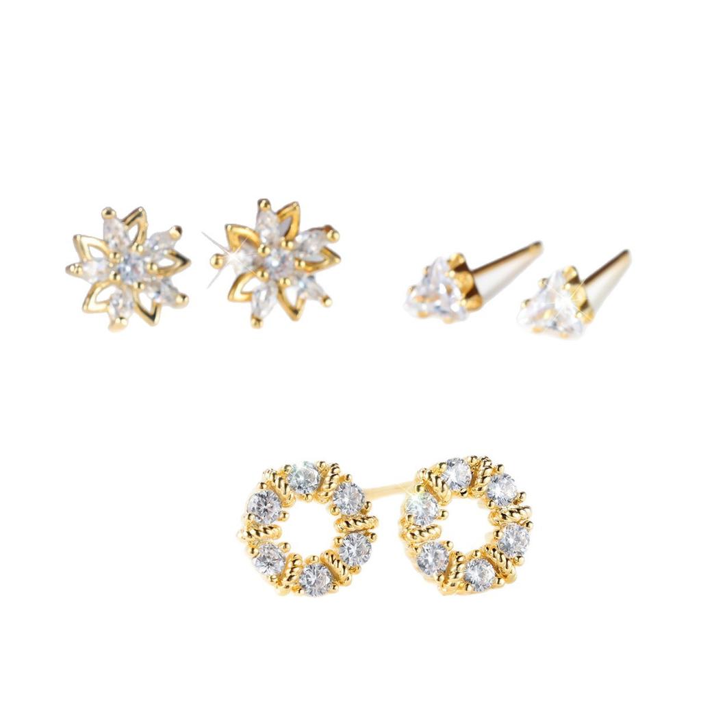 Diamond stud earrings three-piece set, flower triangular zircon earrings, versatile design combination earrings