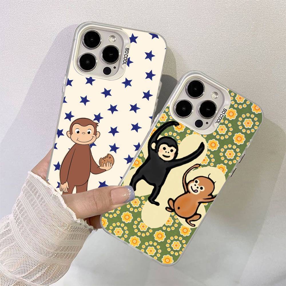 Curious G-George Monkey Phone Case For iPhone 17 Air 16 15 14 11 12 13 Pro Max Plus X XR XS Colored Silver Hard Cover