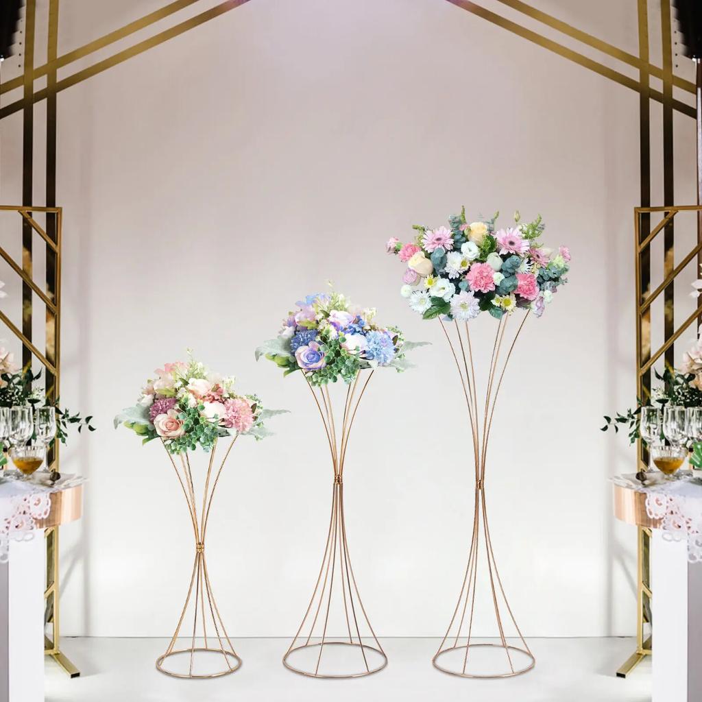 Elegant Gold Table Centerpiece Flower Stand Set of 3 - Modern Hourglass-Shaped Iron Floor Vases - Versatile Wedding Aisle Decor