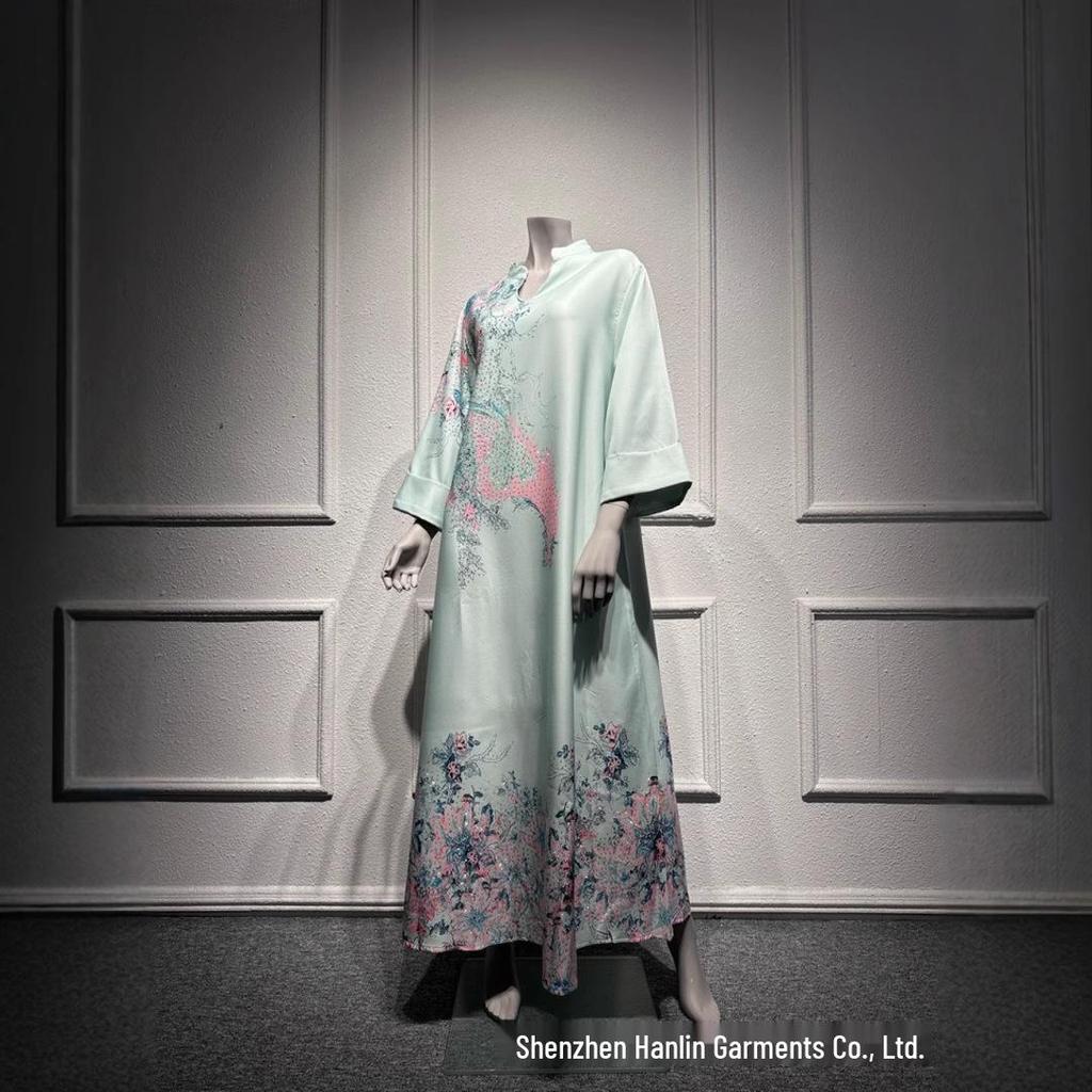 SM003 Muslimisches Jalabiya-Print-Langarmkleid mit Heißbohren - Damenbekleidung im Dubai-Stil
