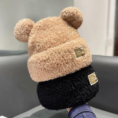 Cute Plush Bear Ear Beanie Hats for Women Girls Winter Warm Faux Fur Knitted Skull Caps Bucket Hats