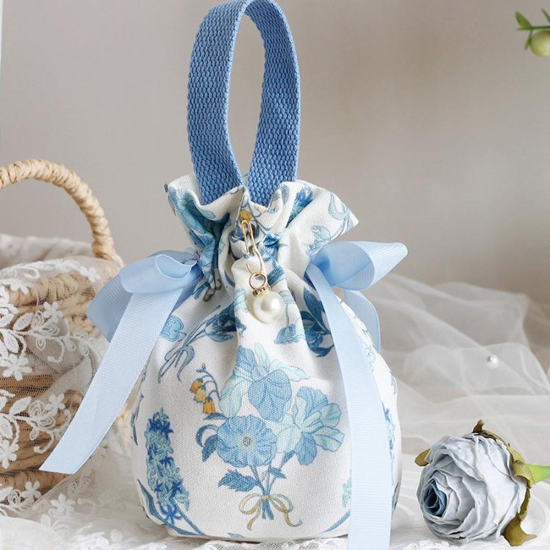Small Floral Canvas Drawstring Bag Small Bowknot Jewelry Pouch With Pearl Chain Wedding Candy Packaging Bag