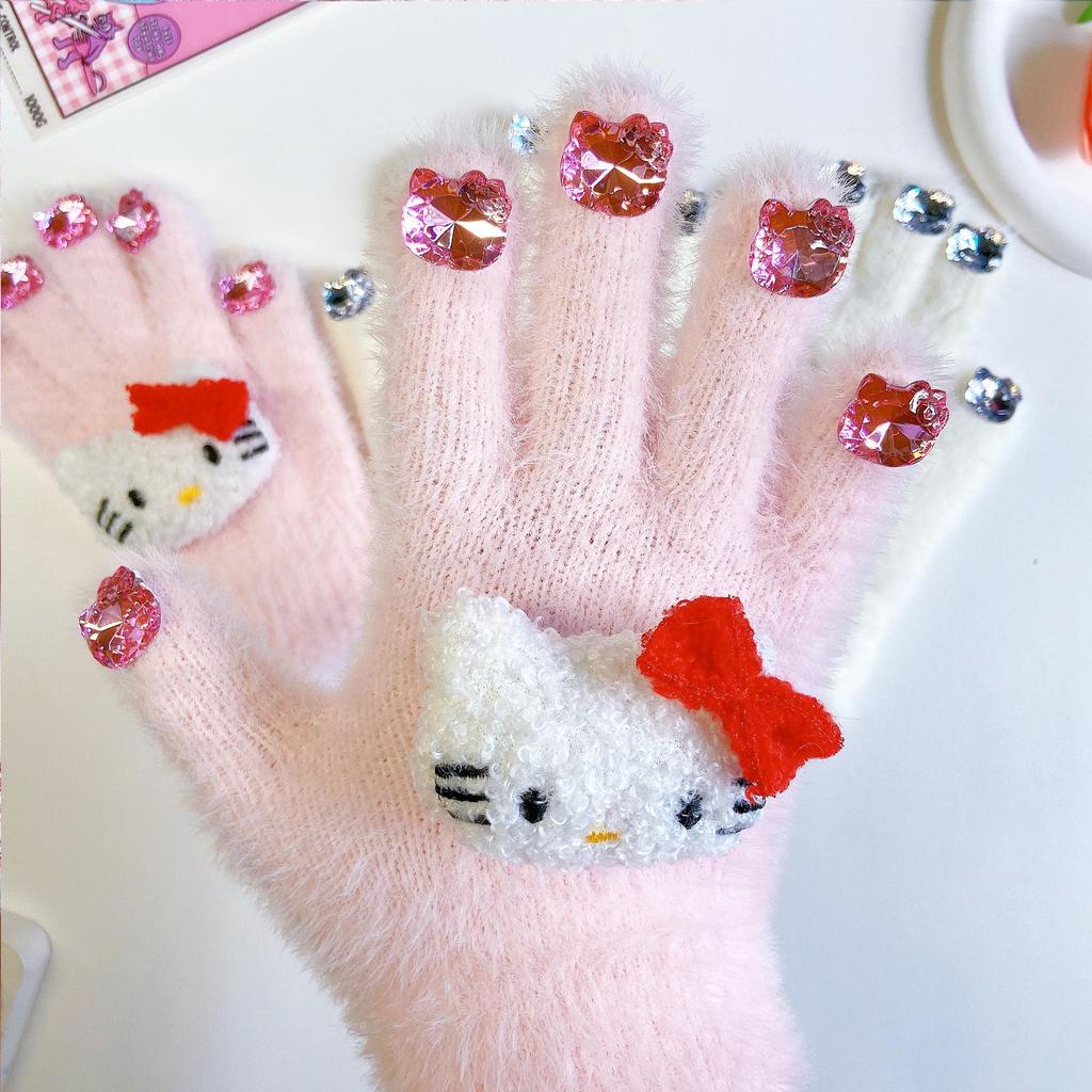 Hello Kitty Winter Gloves for Girls - Warm, Diamond-Patterned, Imitation Rabbit Fur, Perfect for Cold Protection and Cycling.
