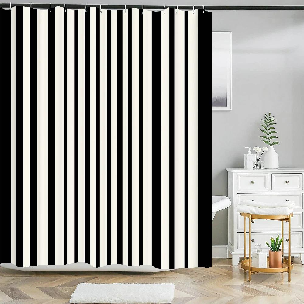 Black White Stripes Pattern Texture Shower Curtains Geometry Bathroom Waterproof Polyester Bath Curtain Home Decor With Hooks