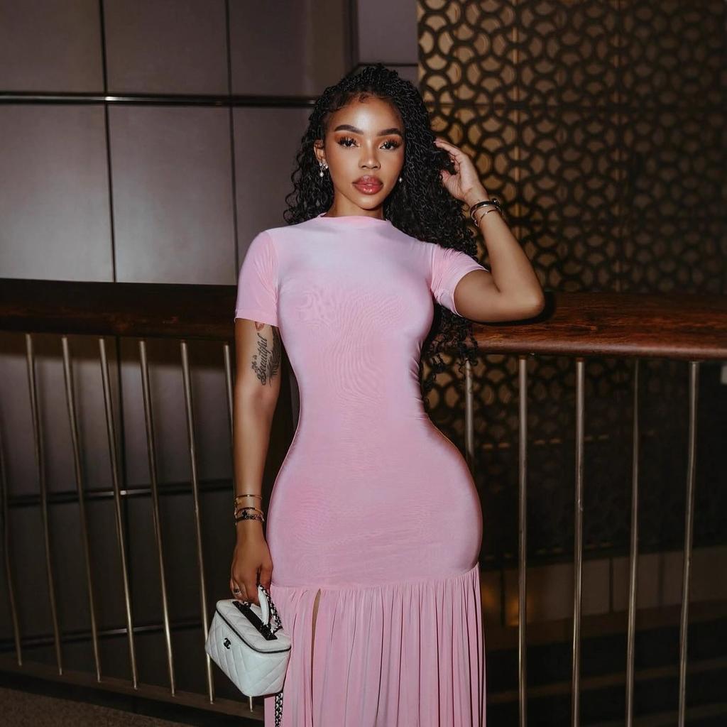 2025 New European and American Style Ins Foreign Trade Women's Clothing Sexy Waist Twist Split Short Sleeve Dress Slim Dress