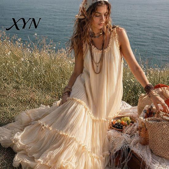 Light Beige Skirt Summer Ruffle Tiered Swing Dress for Women, Boho Beach Daily Outing Flowy Maxi Sundress, Sleeveless A-line Loose Long Casual