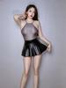 Sexy Women’S Pleated Micro Mini Dress Bandage Sheer See Through Pu Patchwork Tight Dress Cosplay Maid Ruffled Cute Dress