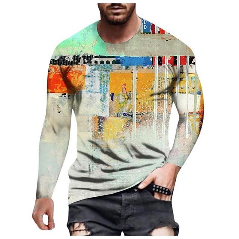 Round Neck 3D Graffiti Printed Top Casual Long Sleeved Men's T-shirts - Soft Medium Stretch Polyester Fabric Spring and Autumn Relaxed Fit Clothing