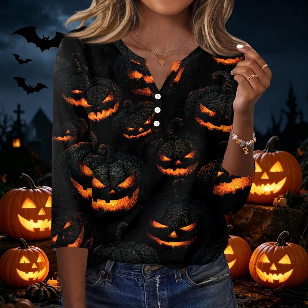 Women Casual Halloween Printed V Neck Button Three Quarter Sleeve T Shirt Top Lightweight Comfortable Fit Seasonal Style